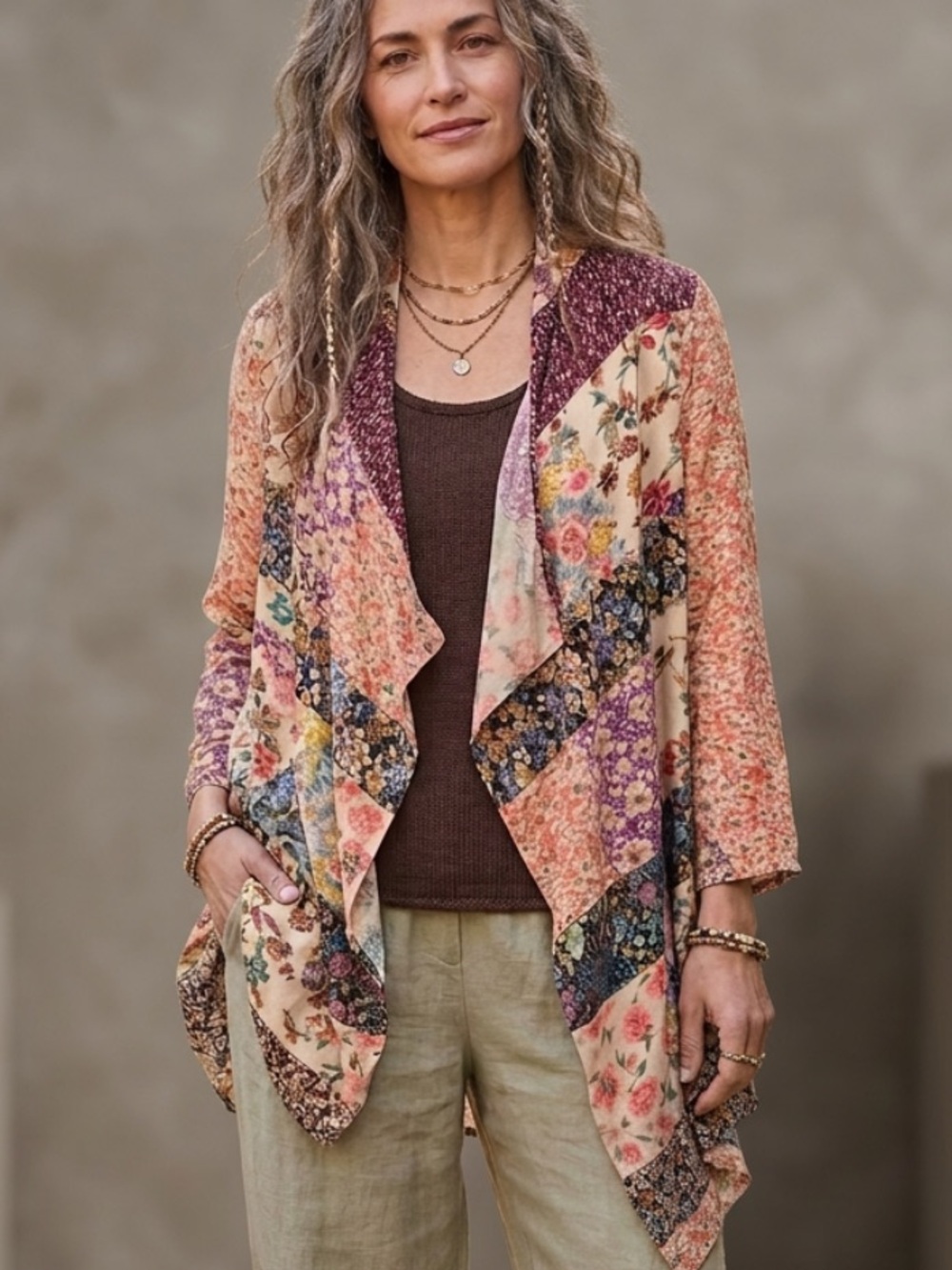 Latte Floral Patchwork kimono with Pockets